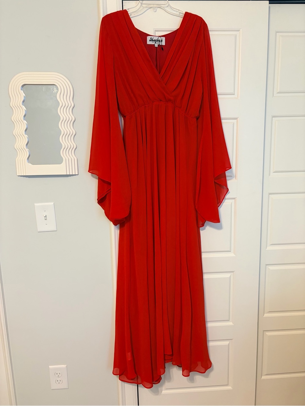 Meghan LA Red Pleated Maxi Dress Bell Sleeve Formal Gown